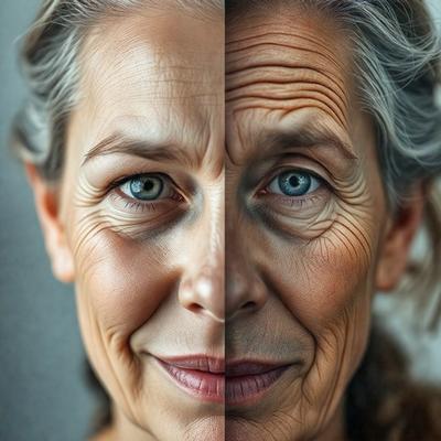 The image features a woman with two different faces, one old and one young. The old face is on the left side of the image, while the young face is on the right side. The woman appears to be smiling, and her eyes are open. The image is a close-up of her face, emphasizing the contrast between the two faces.
